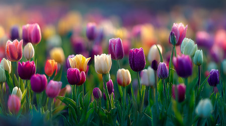 Colorful tulip flowers blooming in the field in springtimeの素材