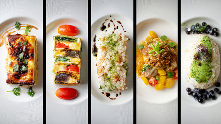 Collage of different dishes on white background. Healthy food concept.の素材