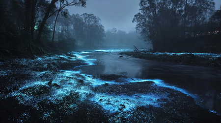 River in the forest at night with fog and blue light, Thailandの素材