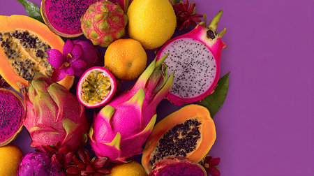 Tropical fruits on a purple background. Dragon fruit, pitahaya, papaya, lemon, orange, dragon fruit, mango.の素材