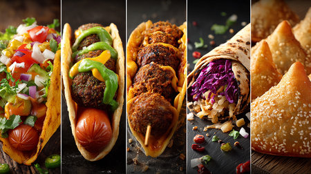 Collage of different mexican tacos with meatballs and vegetablesの素材