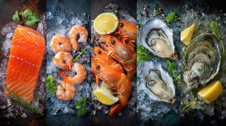 Seafood on ice with lemon, oysters and musselsの素材