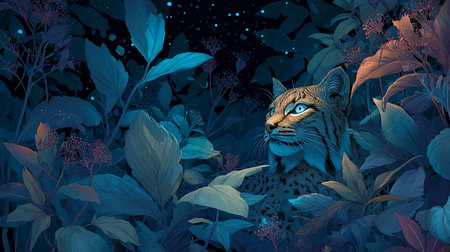 Illustration of a wild cat in the forest. Seamless background.の素材