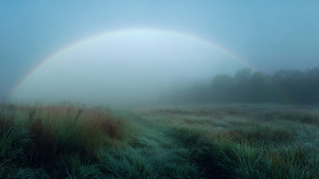 Rainbow over foggy meadow in the morning, nature seriesの素材