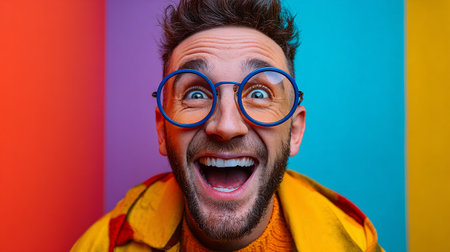 Portrait of a funny man with glasses on a colorful background.の素材