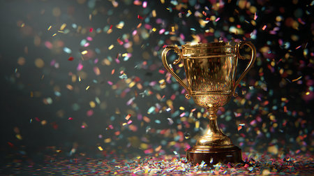 Golden trophy cup with confetti on dark background. Copy space.の素材