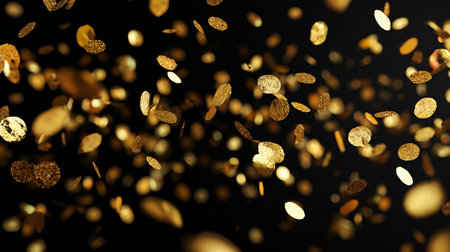 Golden confetti on a black background. 3d rendering, 3d illustration.の素材