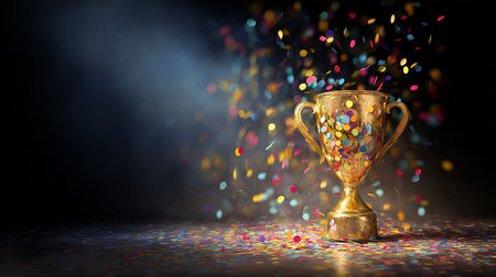 Golden trophy cup with colorful confetti on dark background. 3d renderingの素材