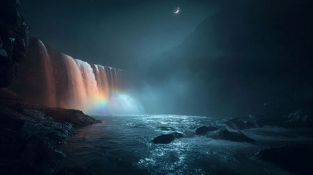 Waterfall in the mountains at night with a rainbow. 3d renderingの素材