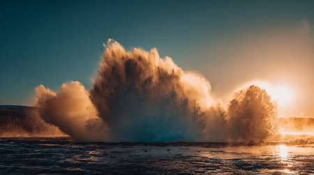 Big stormy wave splash in the ocean at sunset, Iceland.の素材