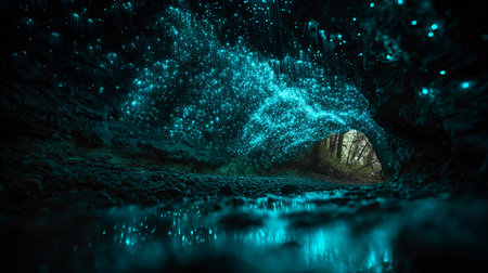 Futuristic dark tunnel with glowing lights and stream. 3d renderingの素材