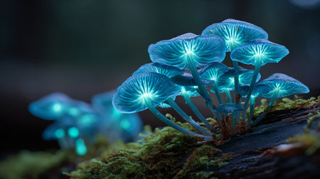 Mushrooms in the forest at night. Beautiful macro shot.の素材
