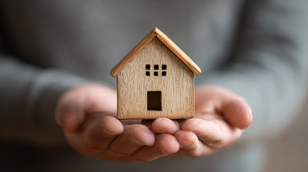 Close-up of a wooden house in a man's hands.の素材