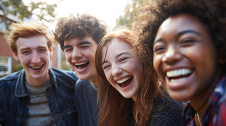 Group of friends laughing and having fun together. Group of young people laughing and having fun outdoors.の素材