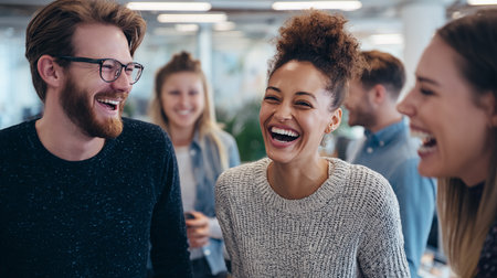 Group of business people laughing together while working together in creative office.の素材