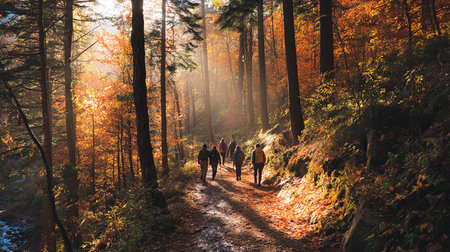 Group of hikers walking in the autumn forest. Active lifestyle concept.の素材
