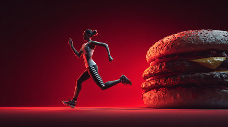 Running woman with hamburger on a red background. 3d renderingの素材