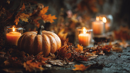 Halloween background with pumpkins, candles and autumn leaves. Halloween concept.の素材
