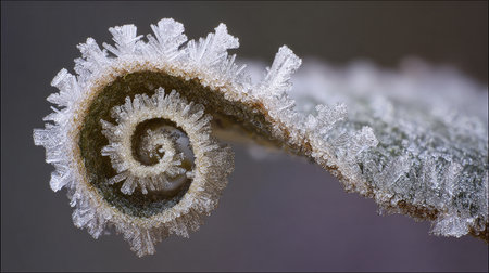 Frosty spiral on a twig in the winter. Macroの素材