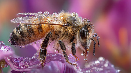 Close-up of a bee on a flower with water dropletsの素材