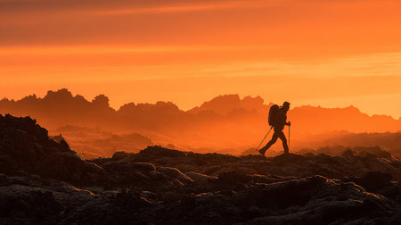Silhouette of a man with a backpack and trekking poles at sunsetの素材
