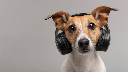 Jack russell dog listening to music with headphones on grey backgroundの素材