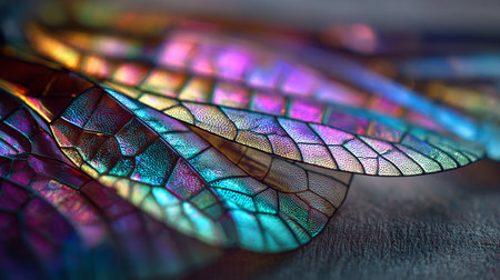 Macro shot of a colorful dragonfly wings. Colorful butterfly wings.の素材