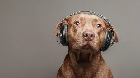 Portrait of a cute dog listening to music with headphones on grey backgroundの素材