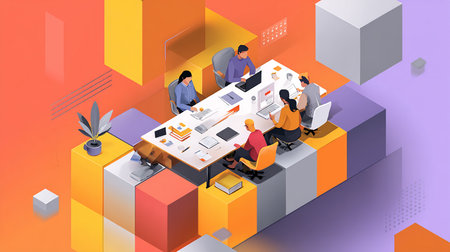 Business people working together in office, isometric design vector illustration.の素材