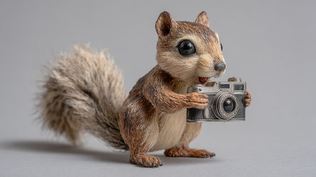 Squirrel with a camera on a gray background. Studio shot.の素材