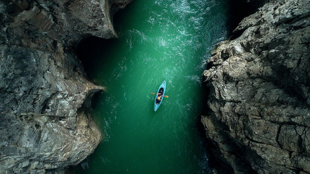 Aerial view of a man kayaking in a green river.の素材