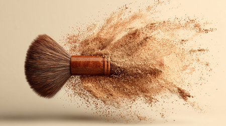 Makeup brush with powder explosion on beige background. 3d illustrationの素材