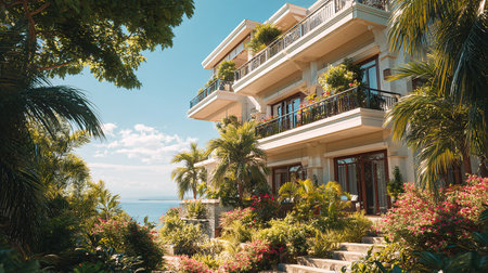 Beautiful villa in the tropics on the background of the seaの素材