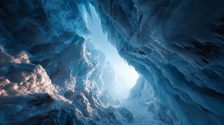 Ice cave with blue light in the middle. 3D illustration.の素材