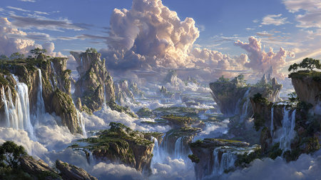 Fantasy alien planet. Mountain and waterfalls. 3D illustrationの素材