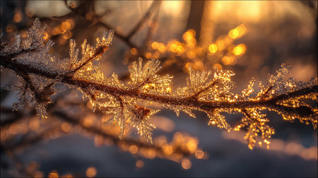 Frost on the branches of a tree in the rays of the setting sunの素材