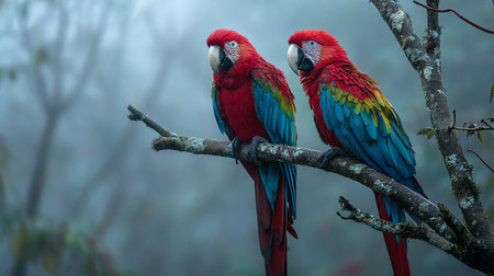 beautiful Scarlet macaws sitting on a branch in the rainforestの素材