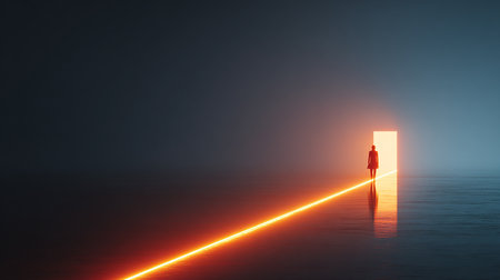 Businessman in front of a door with red light. 3d renderingの素材