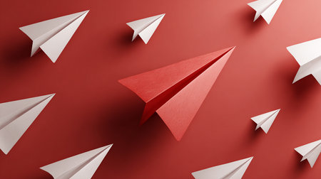 Leadership concept with paper planes on red background. 3D renderingの素材