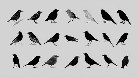 Collection of birds isolated on white background. Black and white illustration.の素材