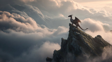 Dragon on top of a mountain in the clouds. 3d renderの素材