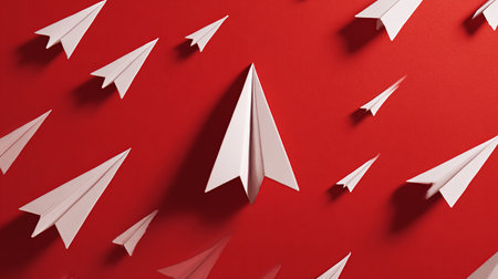 Paper planes on red background, top view. Concept of leadership and successの素材