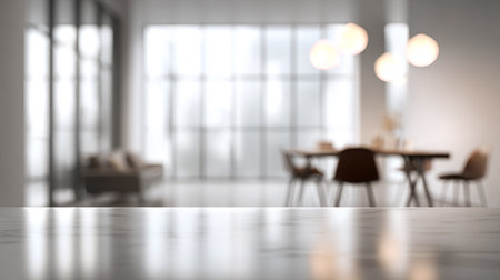 Close up of white marble table and chairs in modern dining room, 3D renderingの素材