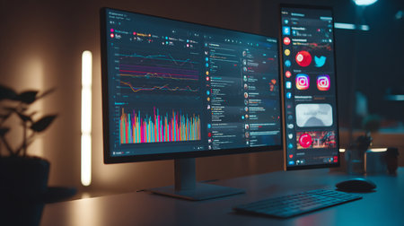 Close up of modern desktop with computer monitors with stock market data. Concept of trading, investment and trading.の素材