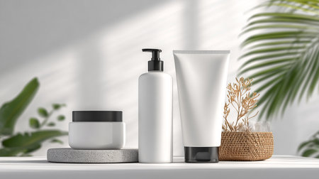 3d render of cosmetic products on a white table in the roomの素材