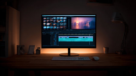 Workplace at night with computer and mouse. 3d rendering.の素材