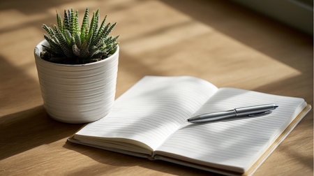 Notebook with pen and cactus on wooden table. Selective focus.の素材