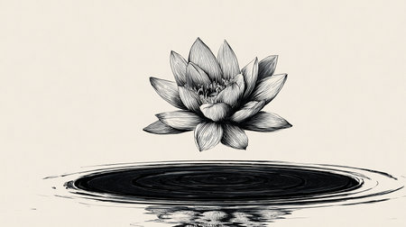 Lotus flower on the water. Black and white vector illustration.の素材