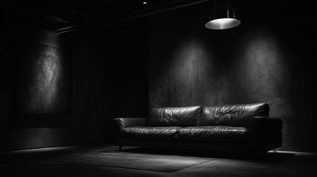 Black leather sofa in a dark room with a lamp on the wallの素材