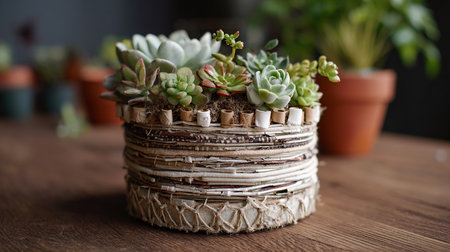 Succulents in a pot on a wooden table, close upの素材